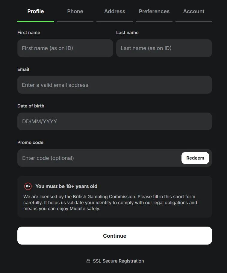 midnite casino registration